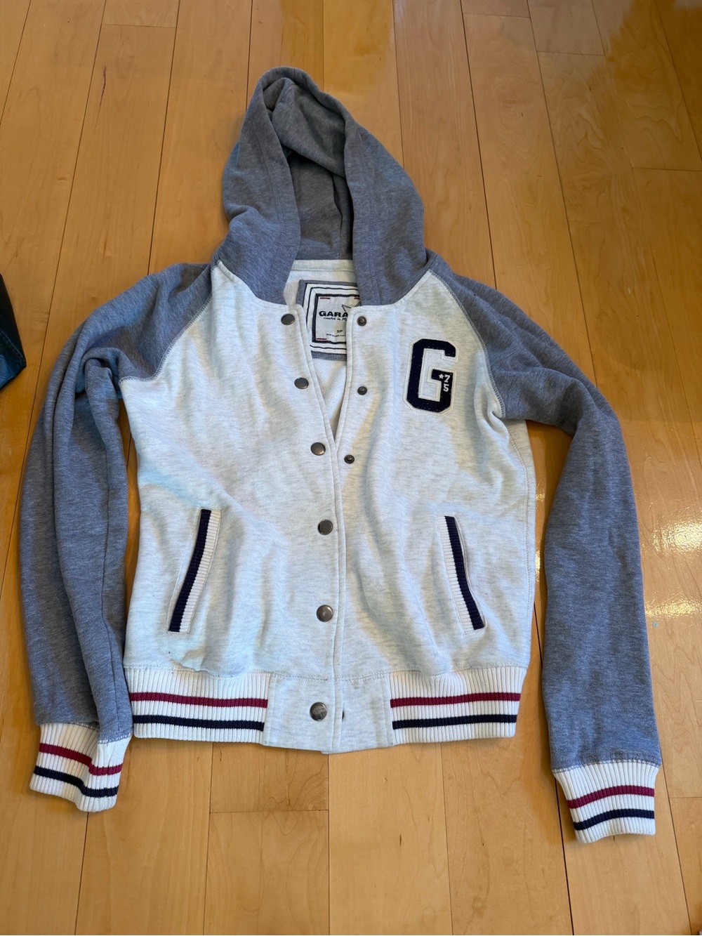 Garage Two-Tone Hooded Varsity Jacket in Light Gray and Gray